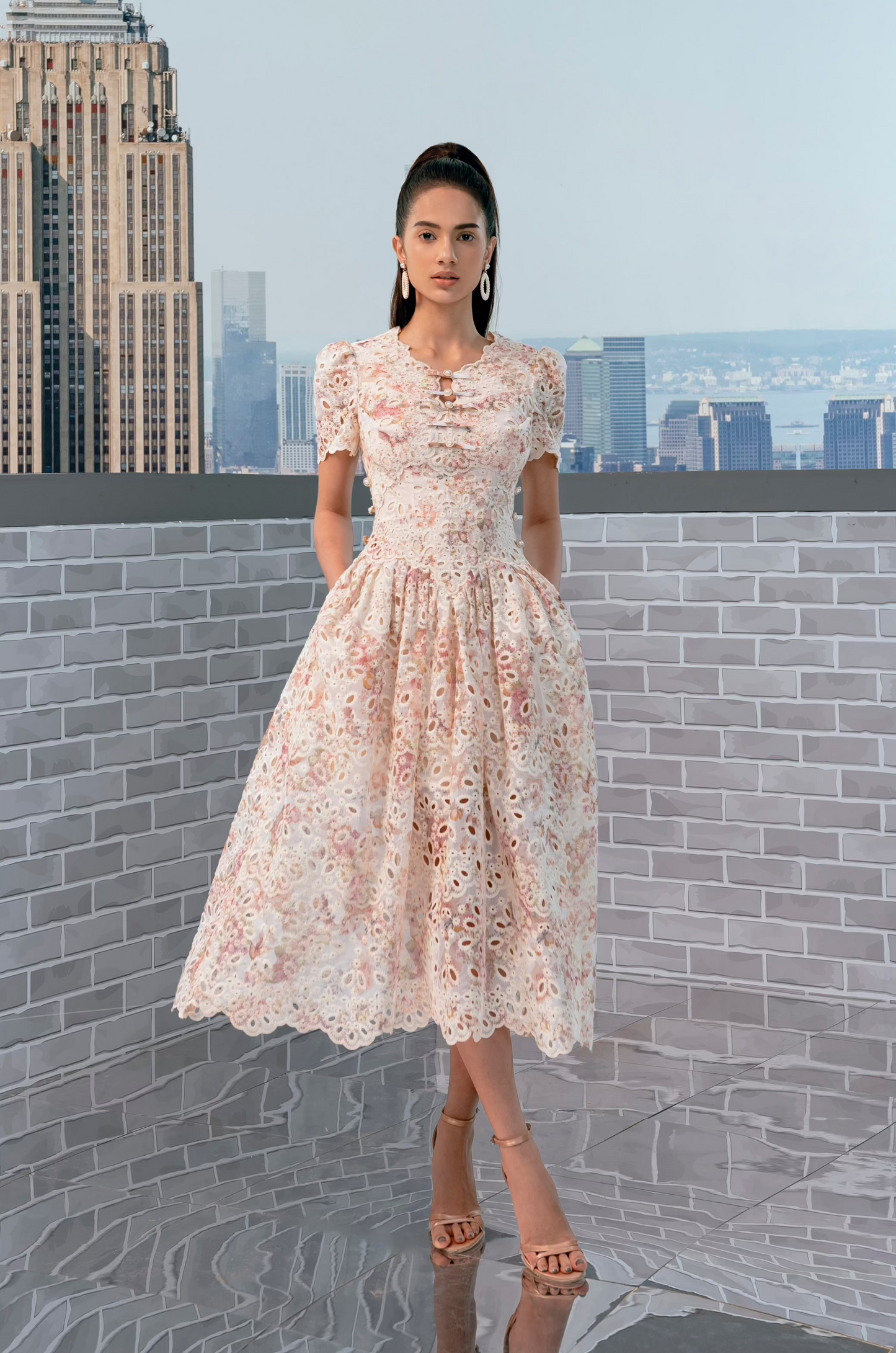 EMBROIDERY FLORAL MIDI LACE DRESS