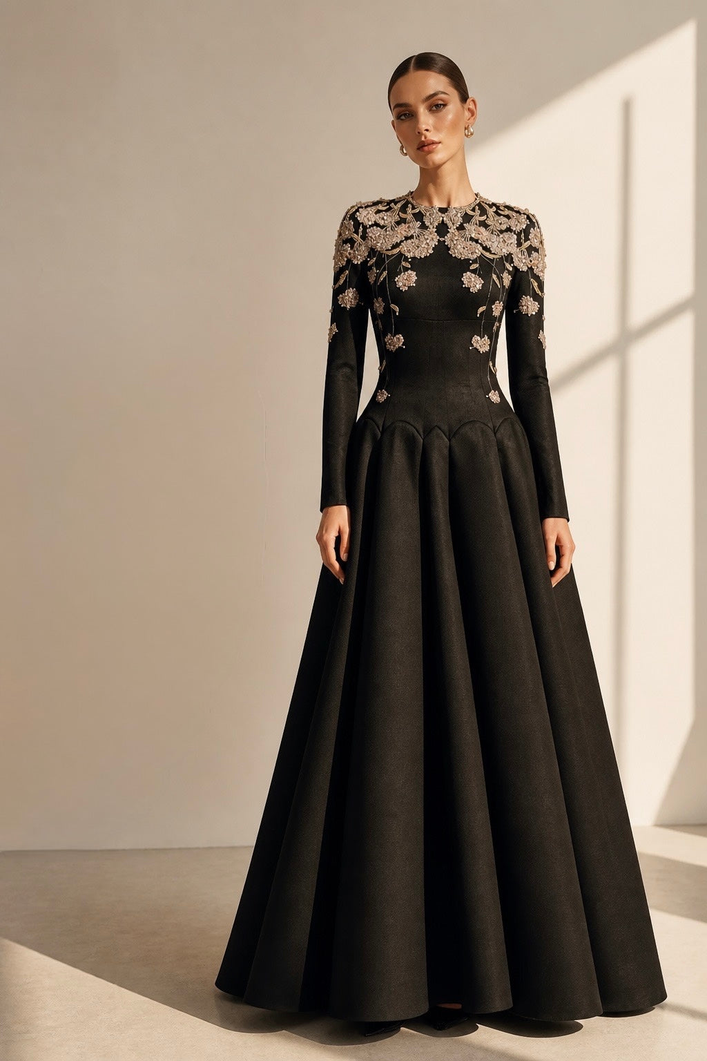 Black Long-sleeved Hydrangea Maxi Dress
