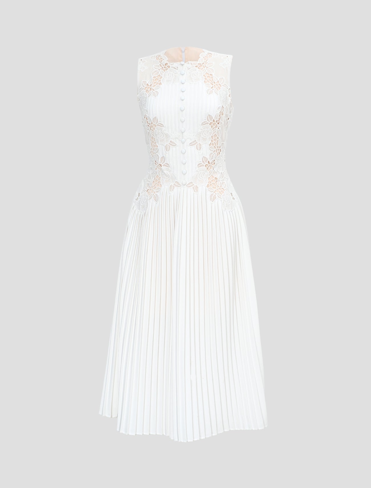 Pleated White Midi Lace Dress
