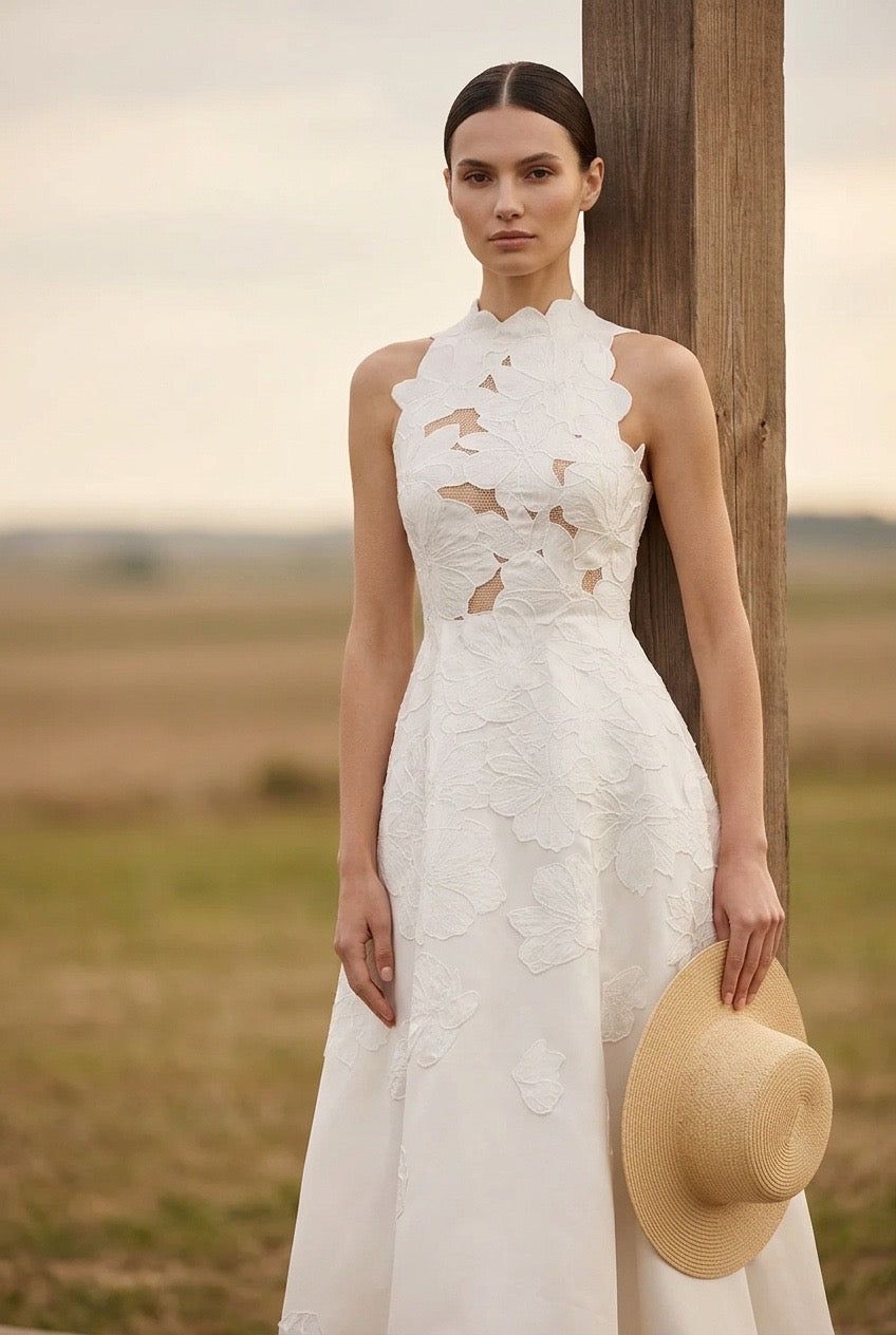 Sleeveless White Floral Midi Dress