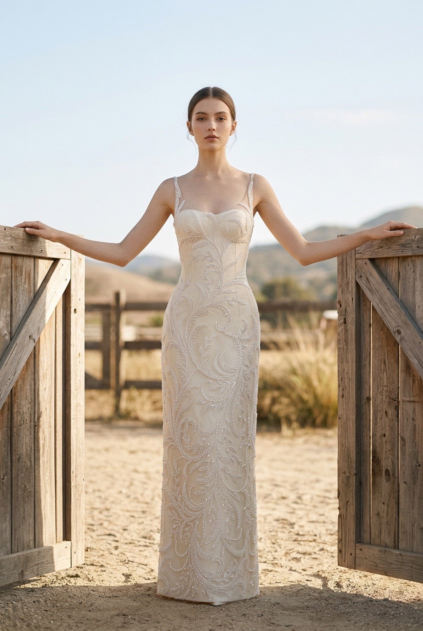 Pearl- Embellished Baroque Long Dress