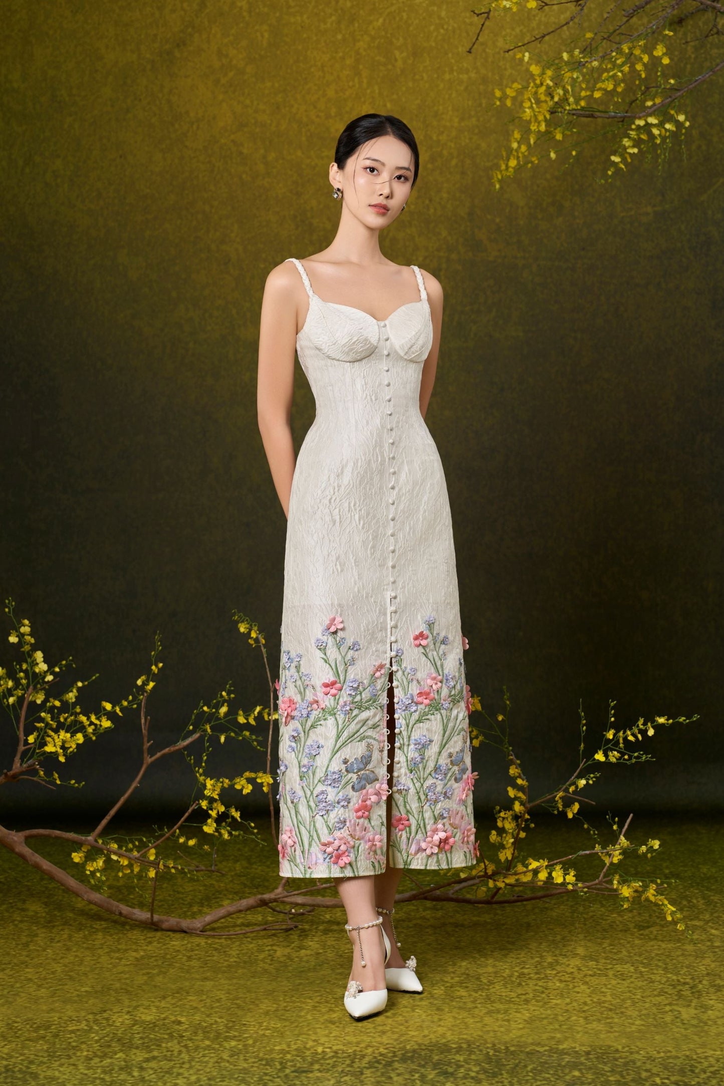 Ivory Floral Jacquard Cup Dress