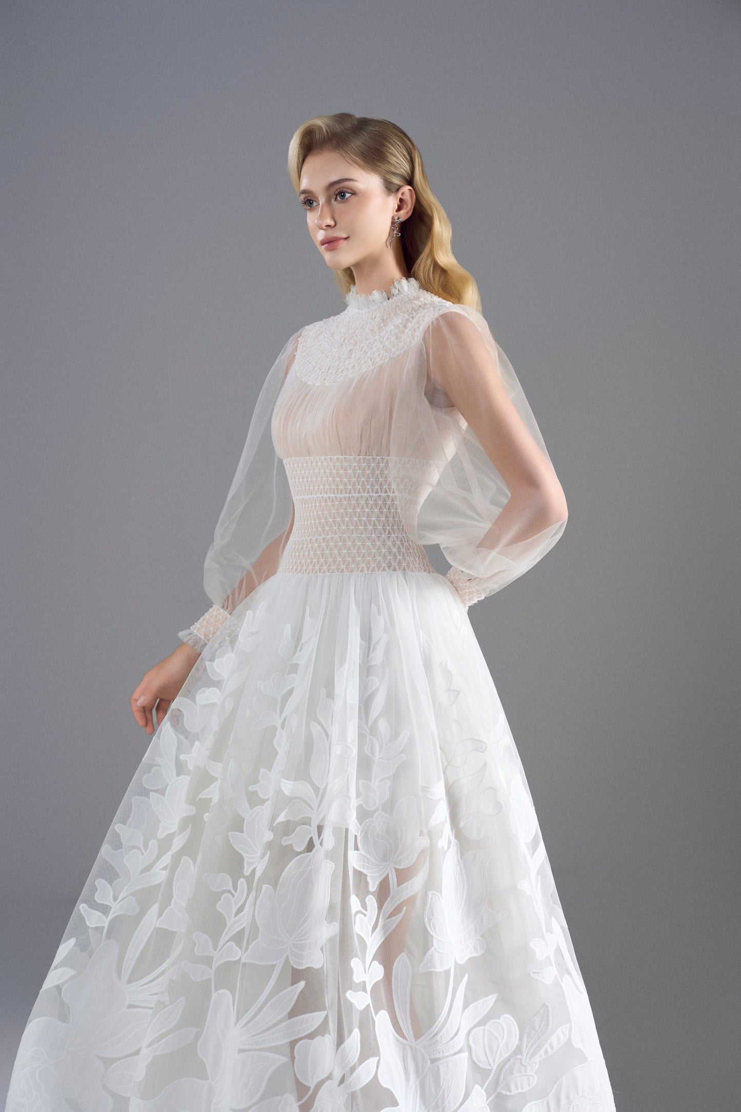 Smocking Flower White Tulle Dress