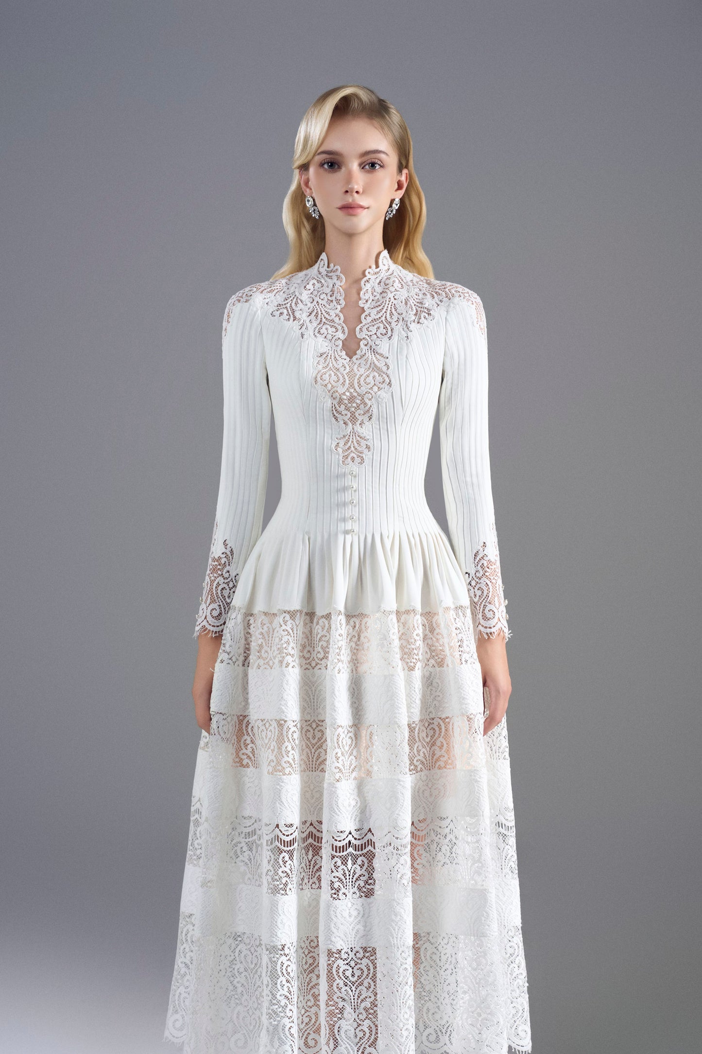 LongSleeve White Midi Lace Dress
