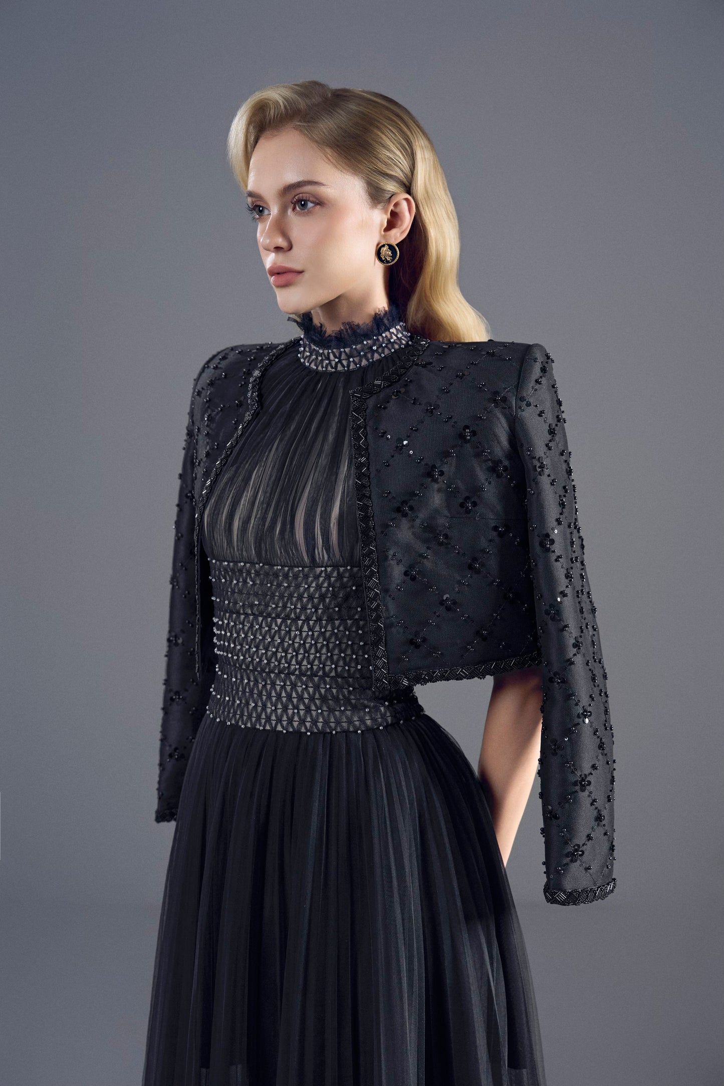 BLACK TULLER SMOCKING MIDI DRESS