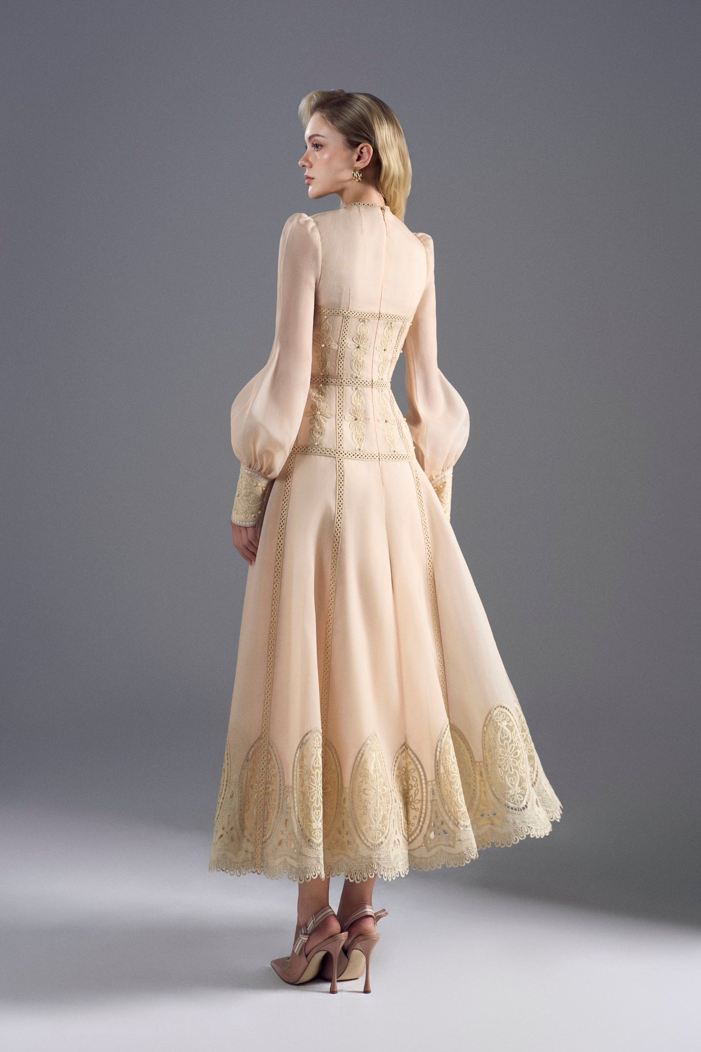 Long Sleeve Cream Organza Midi Dress