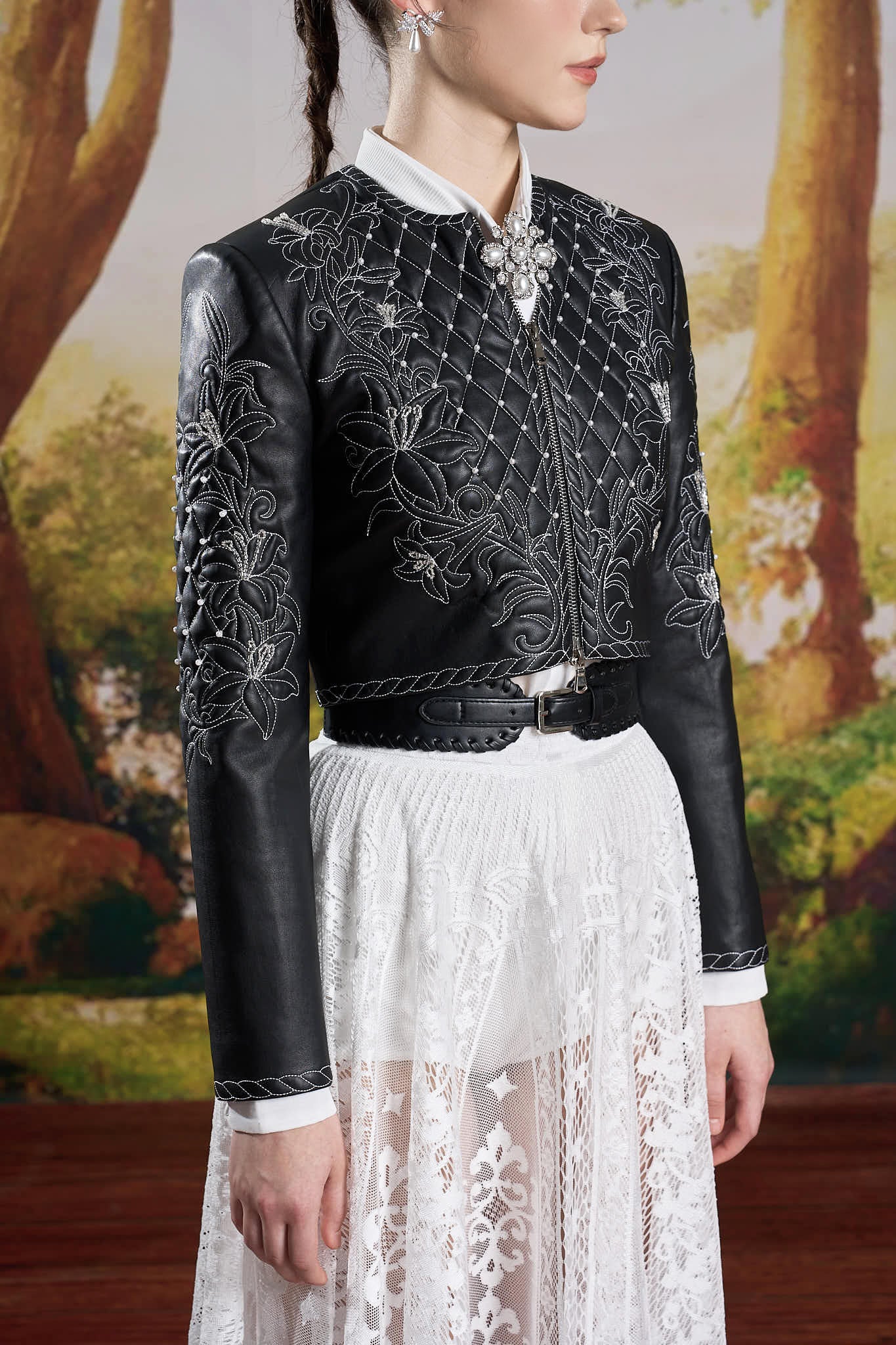 Black Leather Embroidery Jacket