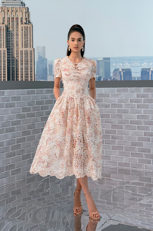 EMBROIDERY FLORAL MIDI LACE DRESS