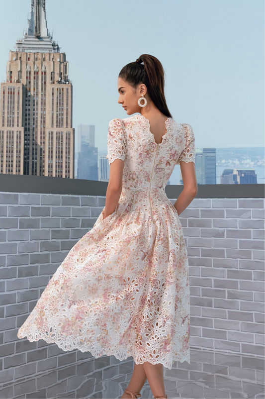 EMBROIDERY FLORAL MIDI LACE DRESS