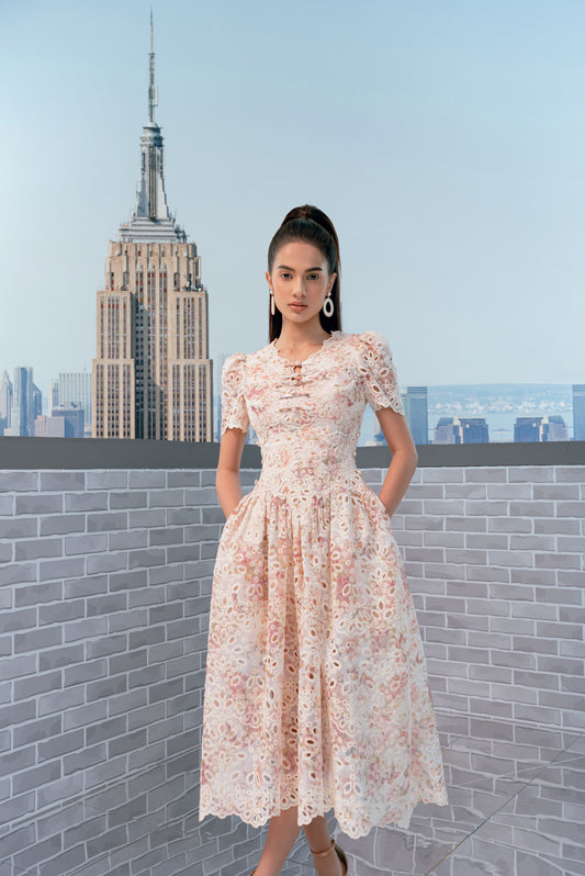EMBROIDERY FLORAL MIDI LACE DRESS