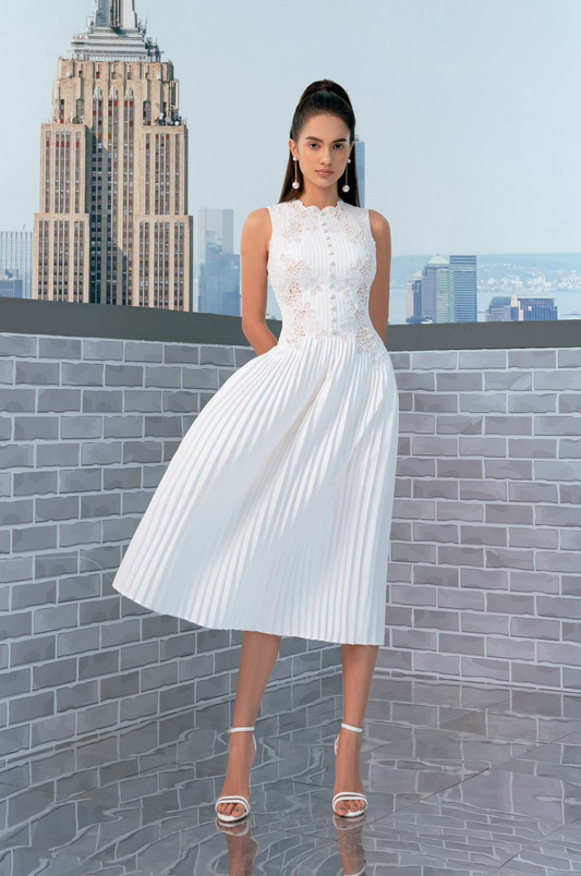 PLEATED WHITE MIDI LACE DRESS