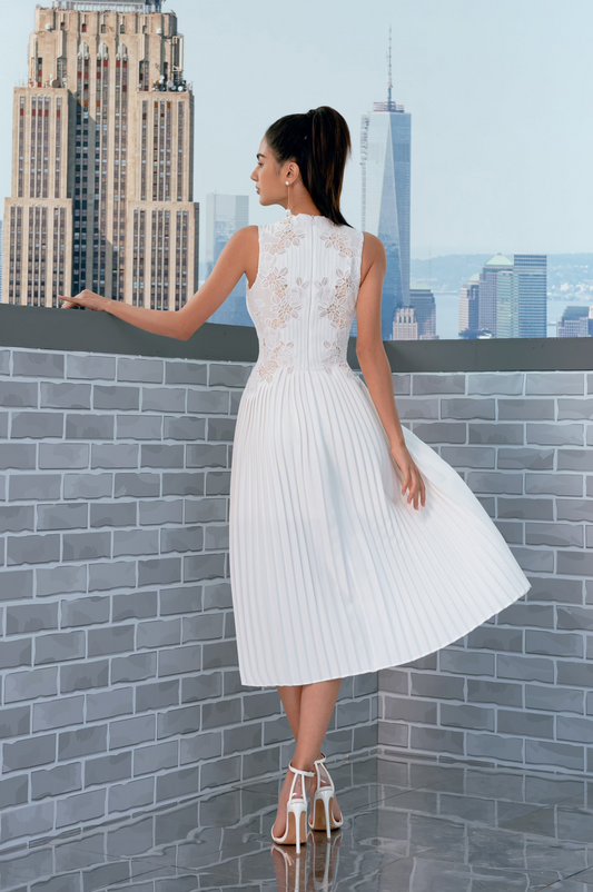 PLEATED WHITE MIDI LACE DRESS