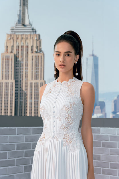 PLEATED WHITE MIDI LACE DRESS