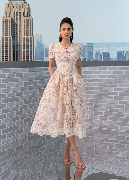Embroidery Floral Midi Lace Dress