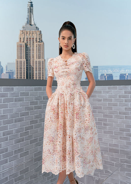 Embroidery Floral Midi Lace Dress