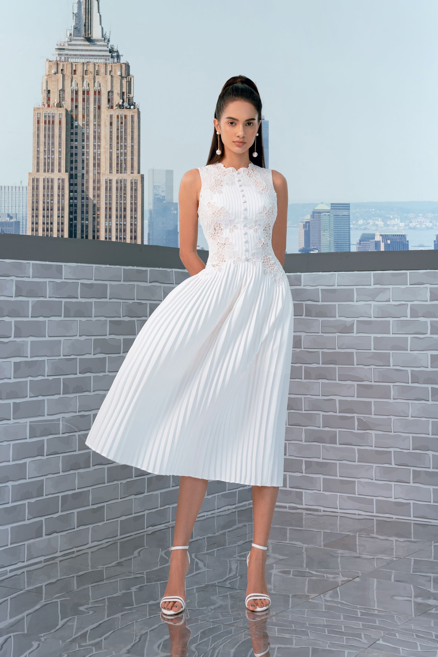 Pleated White Midi Lace Dress