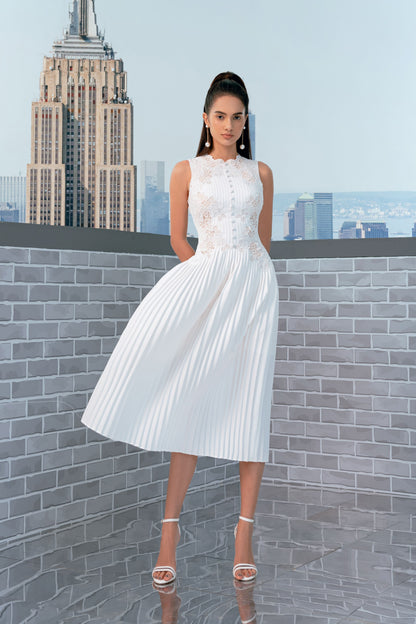 Pleated White Midi Lace Dress