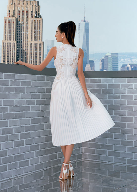 Pleated White Midi Lace Dress