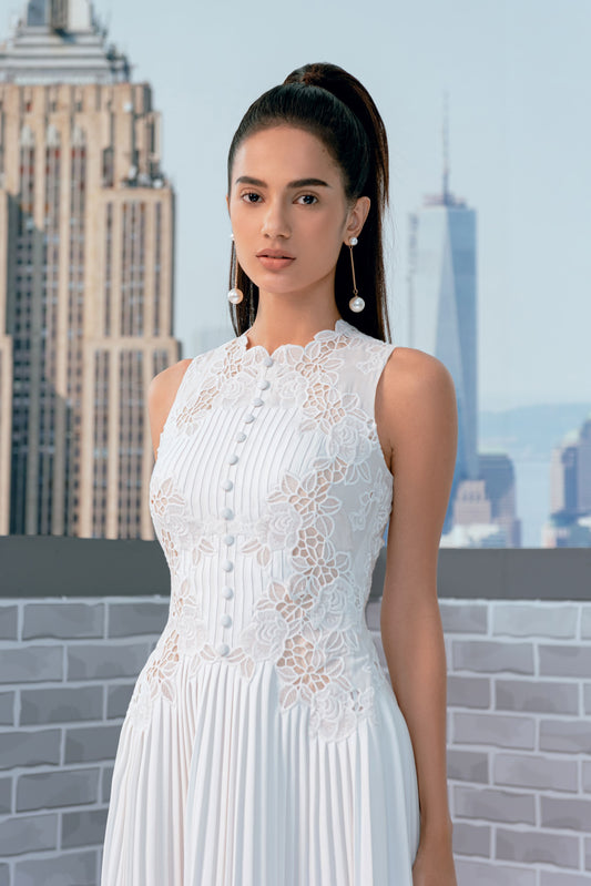 Pleated White Midi Lace Dress