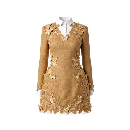 Gold Tweed Butterfly Embroidery Mini Dress