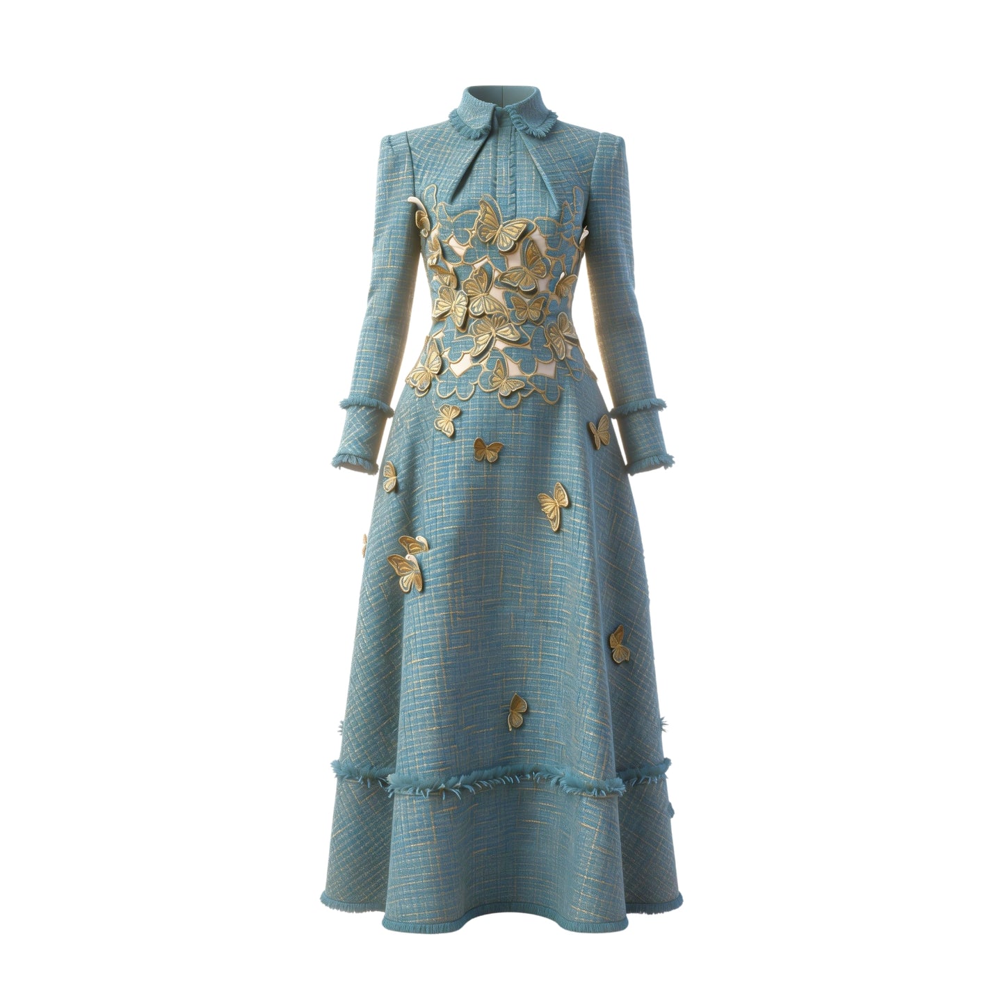 Butterfly Embroidery Tweed Midi Dress
