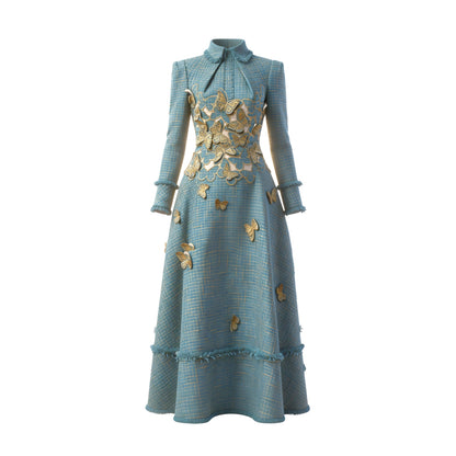 Butterfly Embroidery Tweed Midi Dress