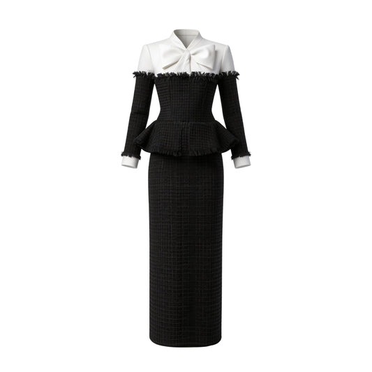 Black-White Bow I-line Dress