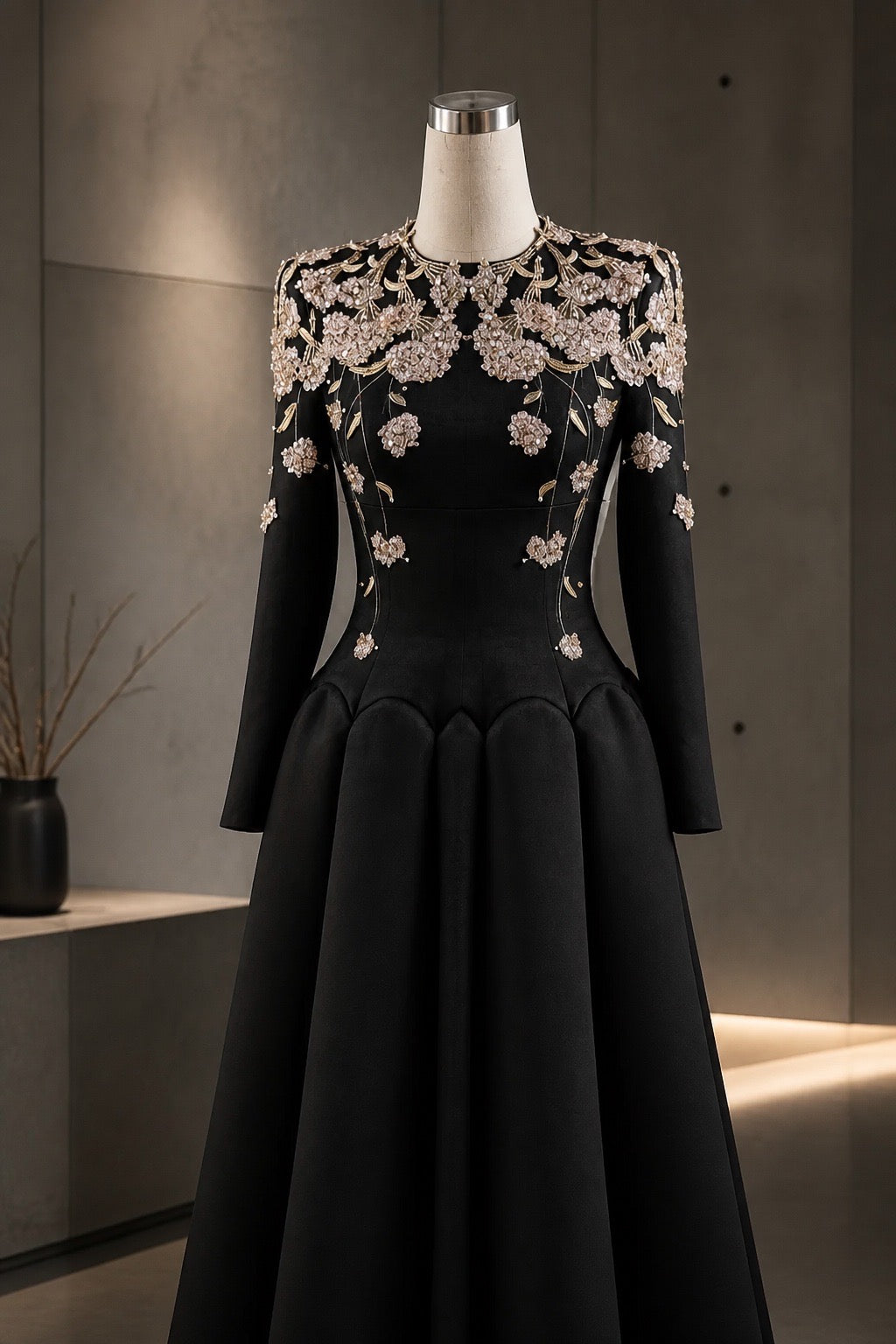 Black Long-sleeved Hydrangea Maxi Dress