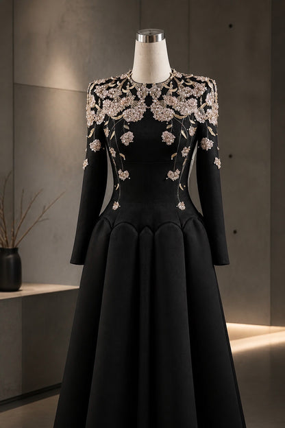 Black Long-sleeved Hydrangea Maxi Dress