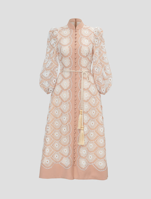 Long Sleeve Beige Midi Dress