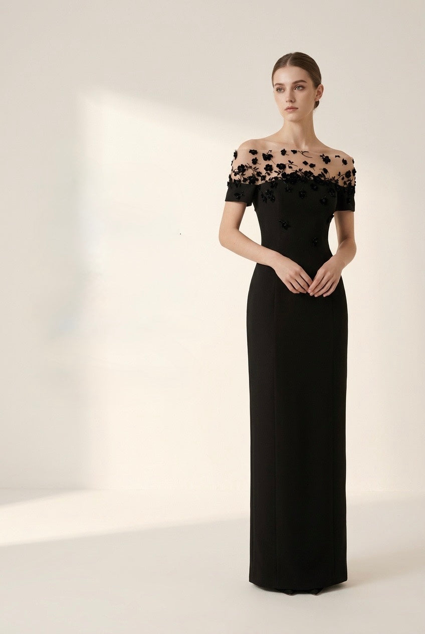 Black off-the-shoulder floral maxi dress