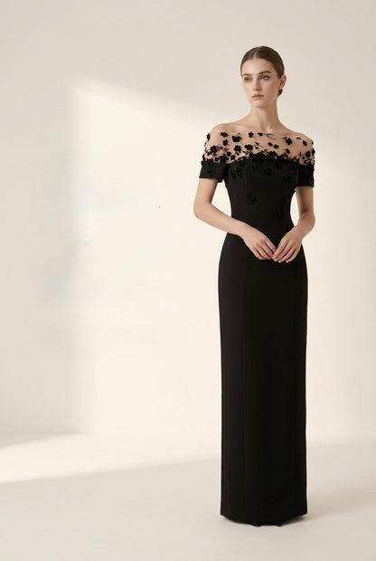 Black off-the-shoulder floral maxi dress