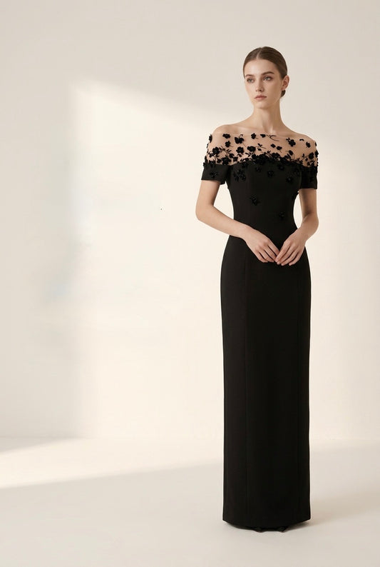 Black off-the-shoulder floral maxi dress