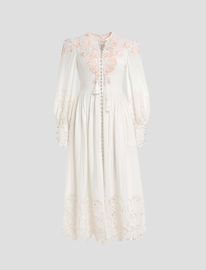 SleeveLong Midi White Lace Dress