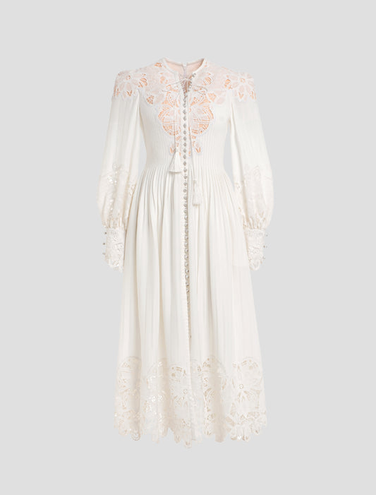 SleeveLong Midi White Lace Dress
