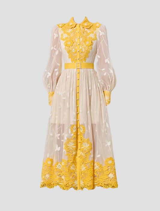 LongSleeve Embroidery Midi Lace Dress