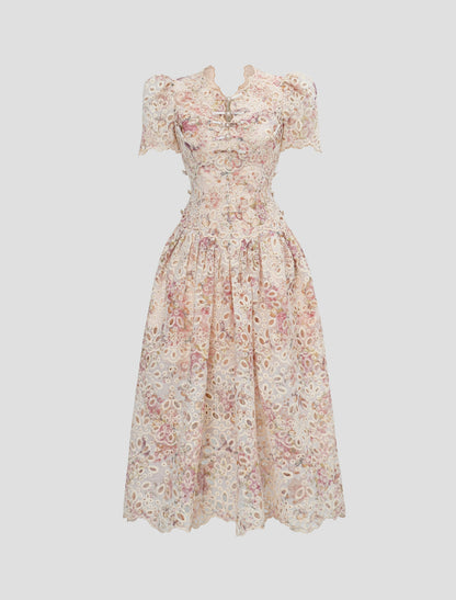 Embroidery Floral Midi Lace Dress
