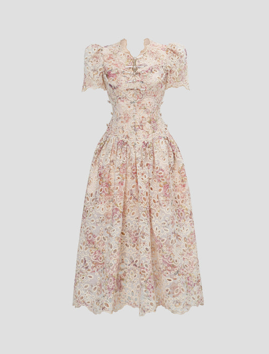 Embroidery Floral Midi Lace Dress