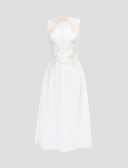 PLEATED WHITE MIDI LACE DRESS