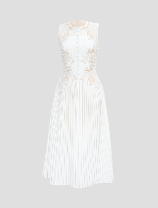 PLEATED WHITE MIDI LACE DRESS