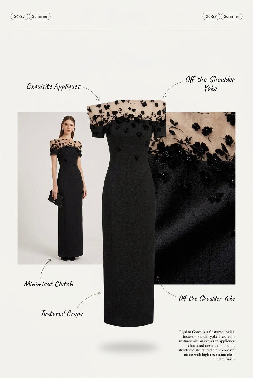Black off-the-shoulder floral maxi dress