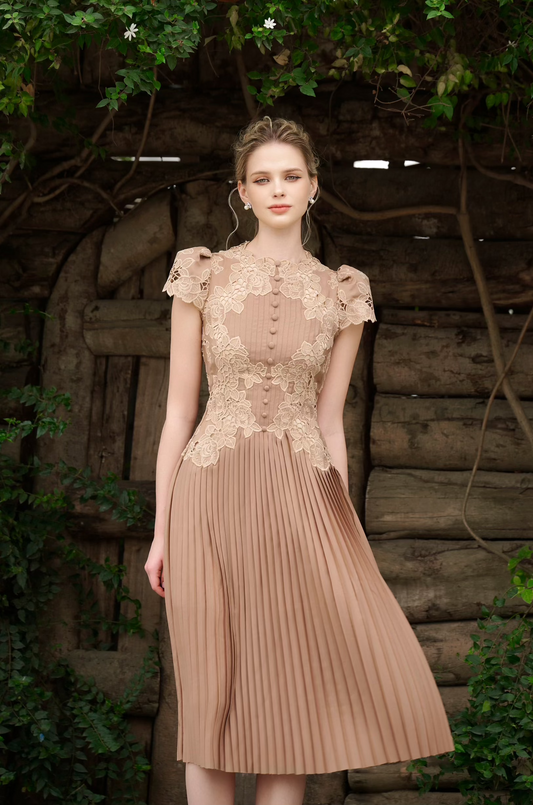 Beige Pleated Midi Lace Dress