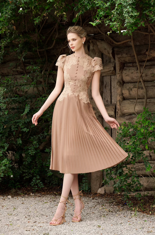 Beige Pleated Midi Lace Dress