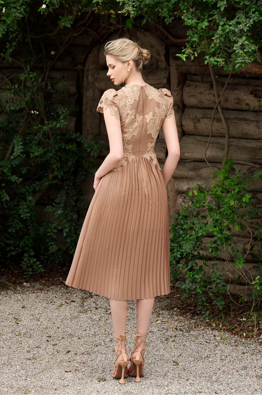 Beige Pleated Midi Lace Dress