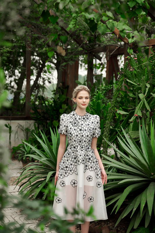 Black White Floral Midi Dress