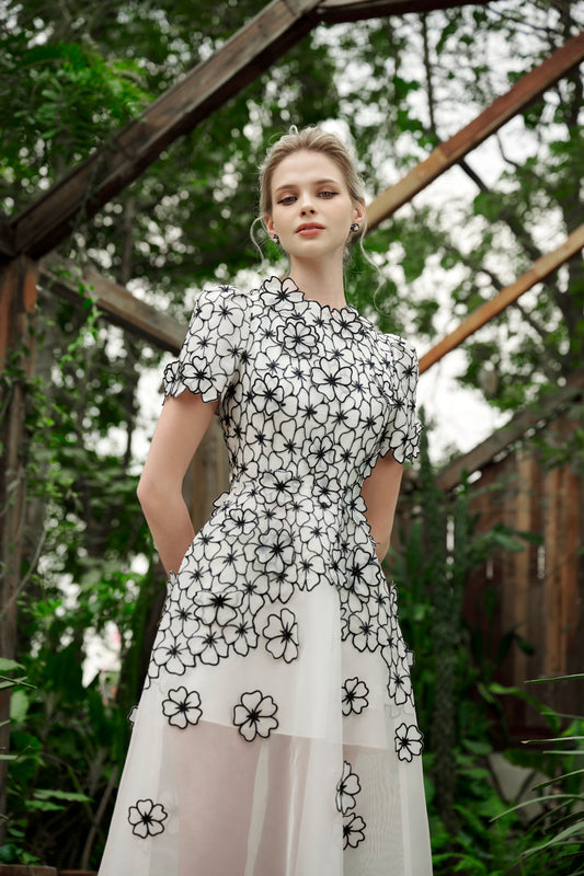 Black White Floral Midi Dress