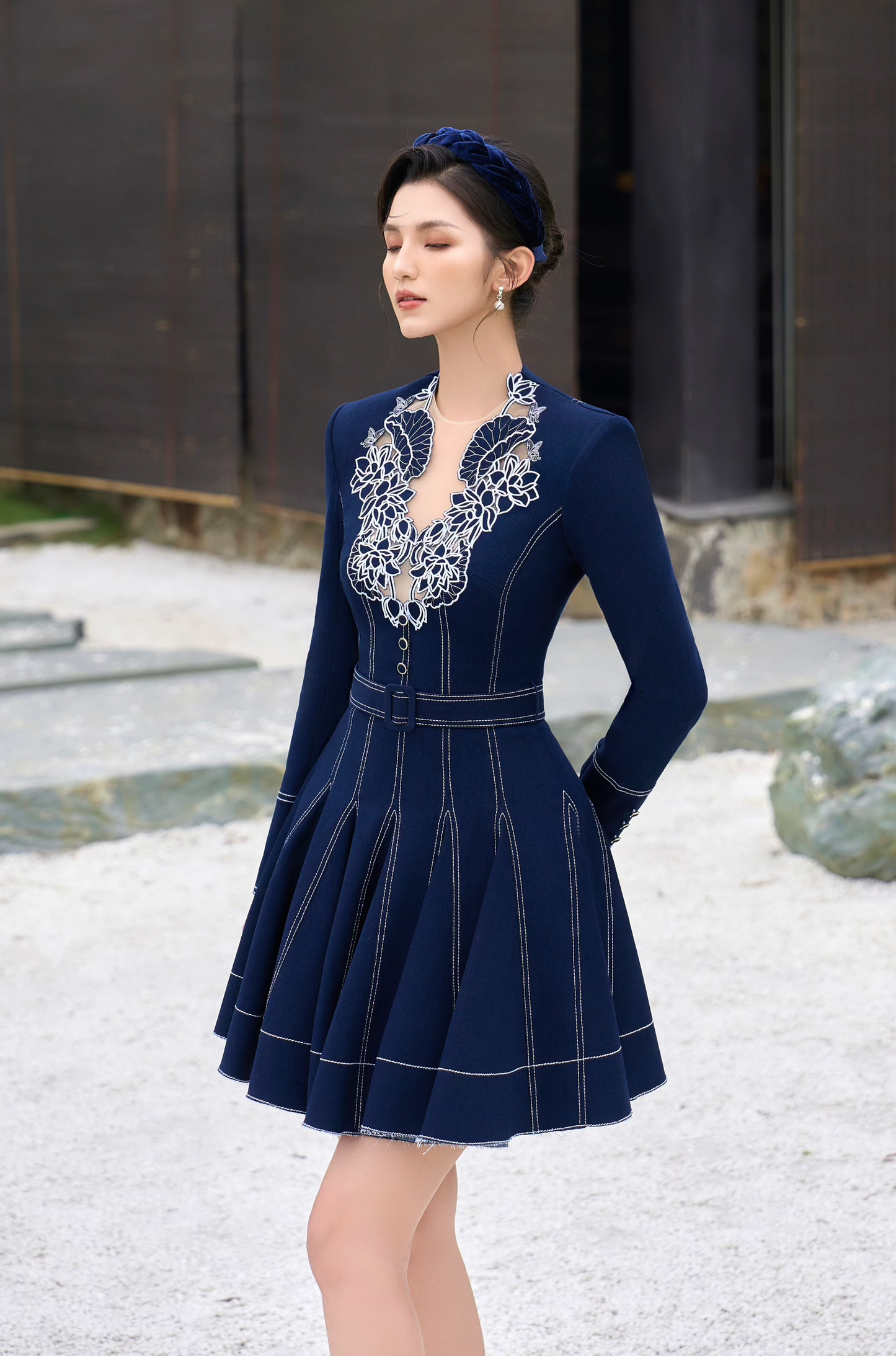 Denim Embroidery Lotus Dress