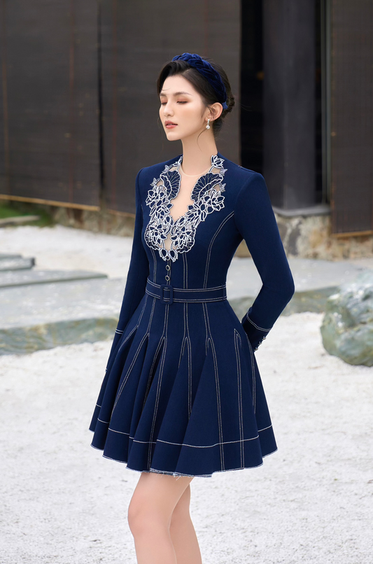 Denim Embroidery Lotus Dress