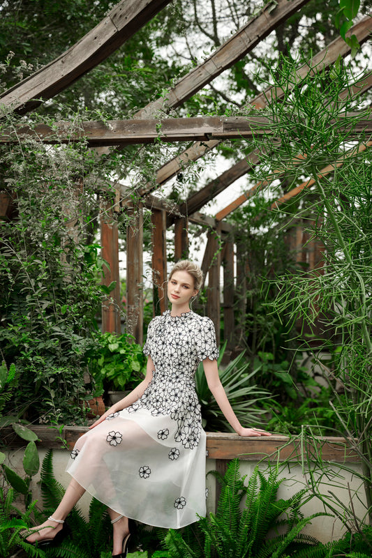 Black White Floral Midi Dress