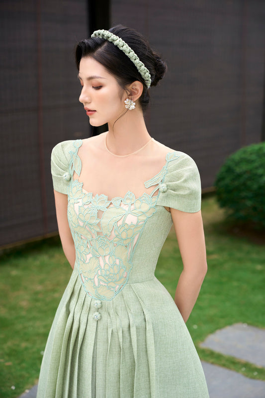 Green Embroidery Lotus Dress